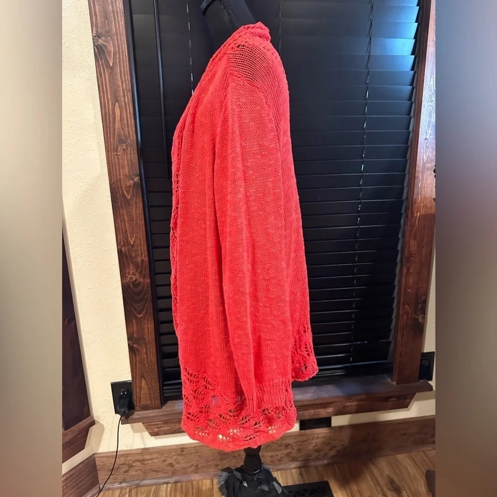 New Directions Long Open Knit Cardigan Coral Red 2X